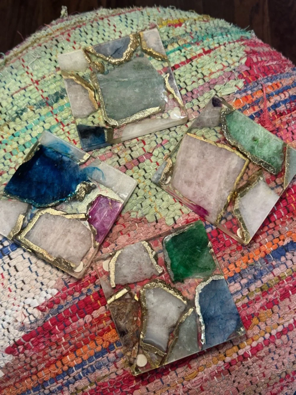 Anthropologie Multicolor Gemstone Mosaic Coasters with Gold Veining set of 4 - Picture 3 of 4